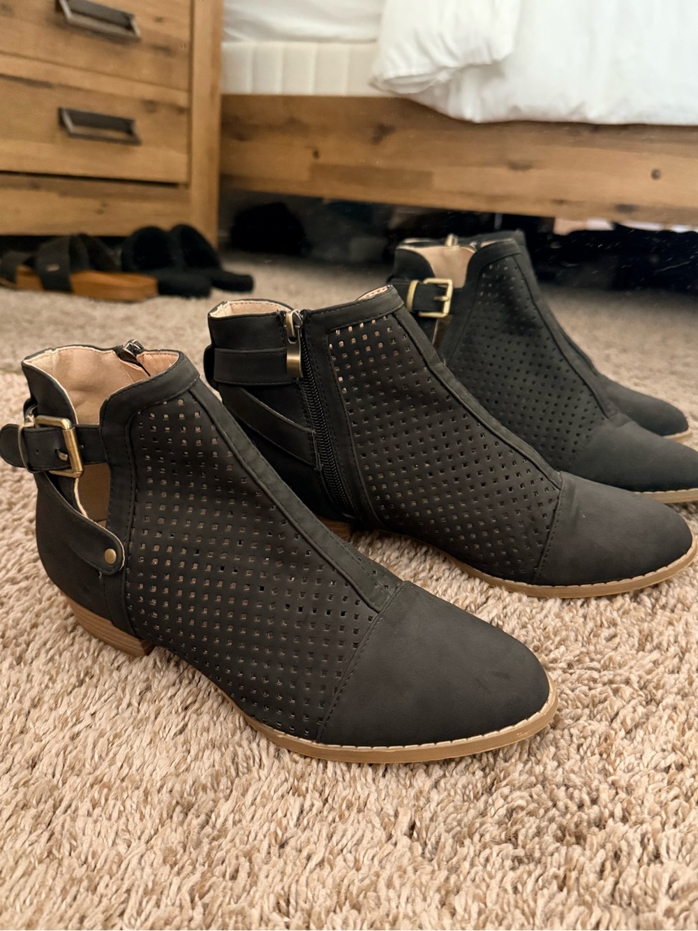 Perforated Black Ankle Booties with Buckle Strap